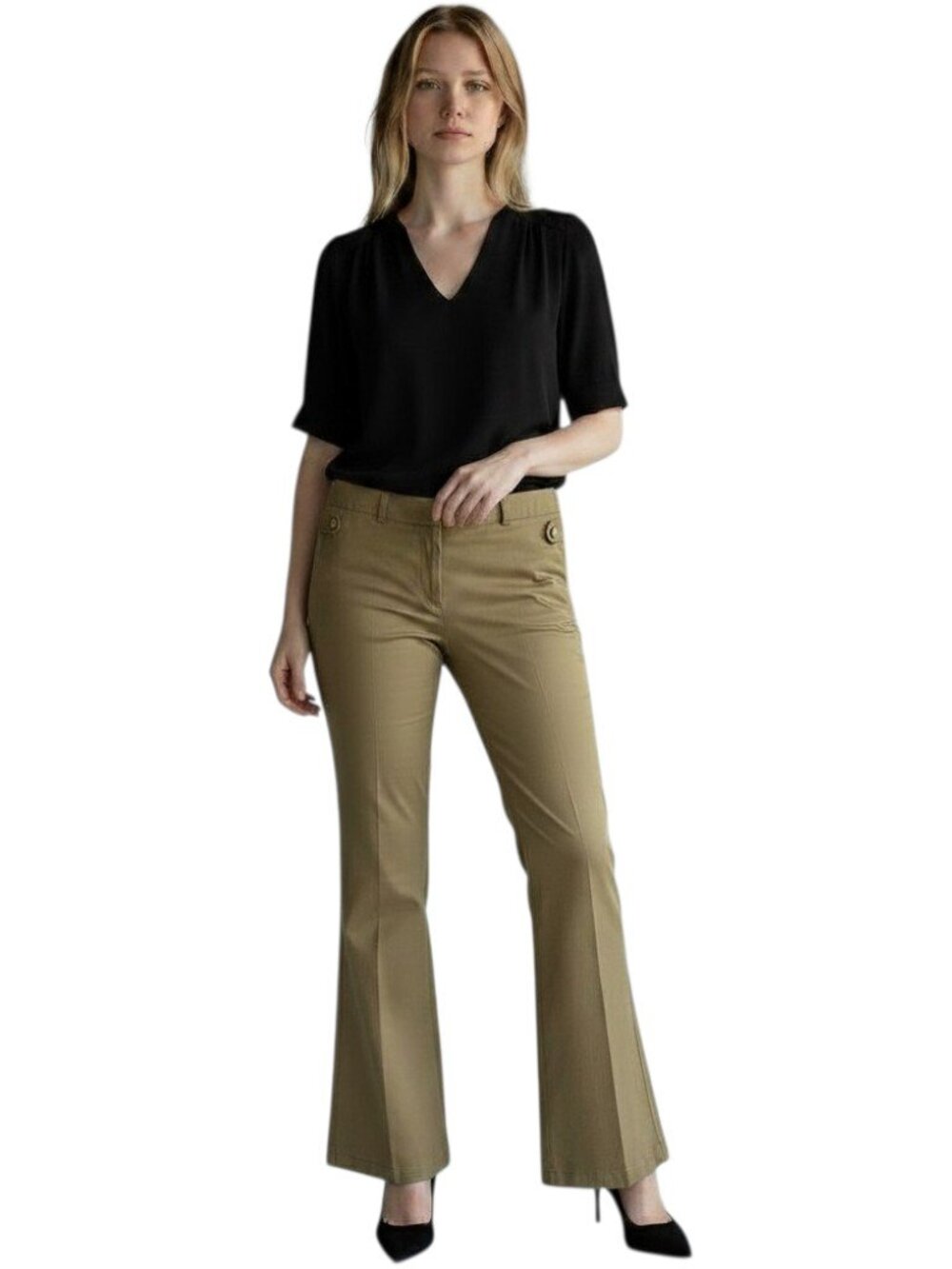 BCBGMaxAzria Khaki Cotton Stretch Bootcut Flare Trouser Pants Size 6 33.5 Inseam